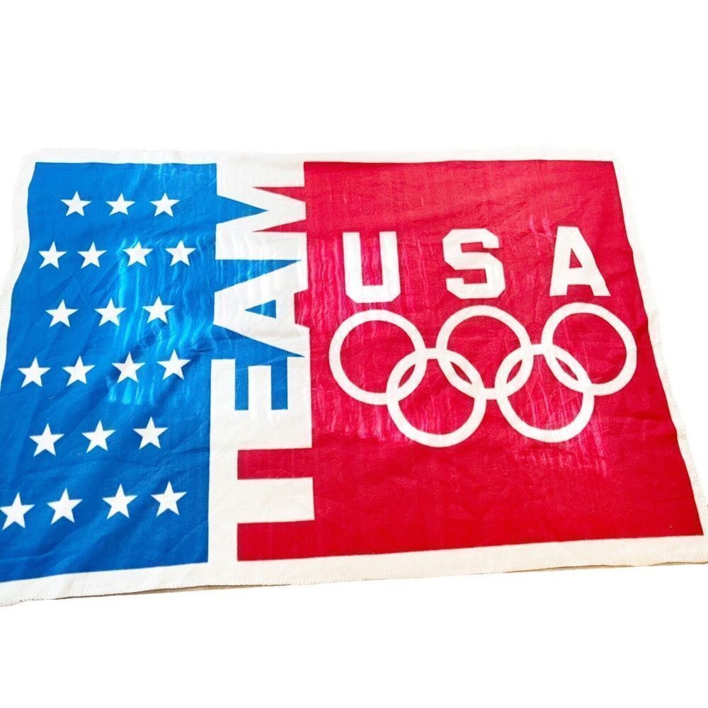 Vintage Team USA Olympics Blanket 63x43 Felt Throw Warm Cozy Red White Blue